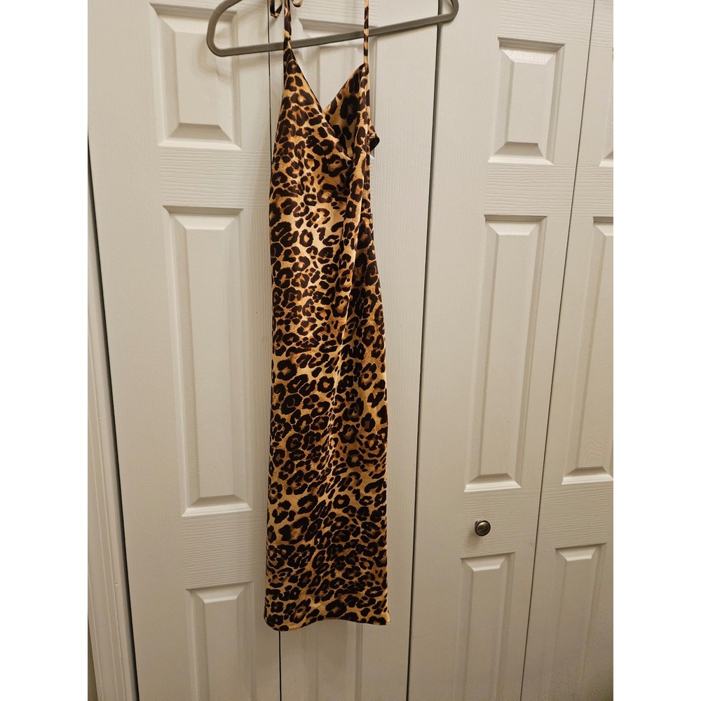 Milea Leopard Print Satin Midi Dress Cowl Neck Halter Animal Print Brown Tan